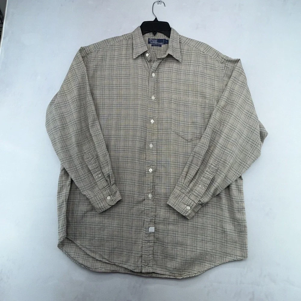 Polo Ralph Lauren Shirt Mens L Tan Olive Plaid Check Classic Fit Long Sleeve Y2K